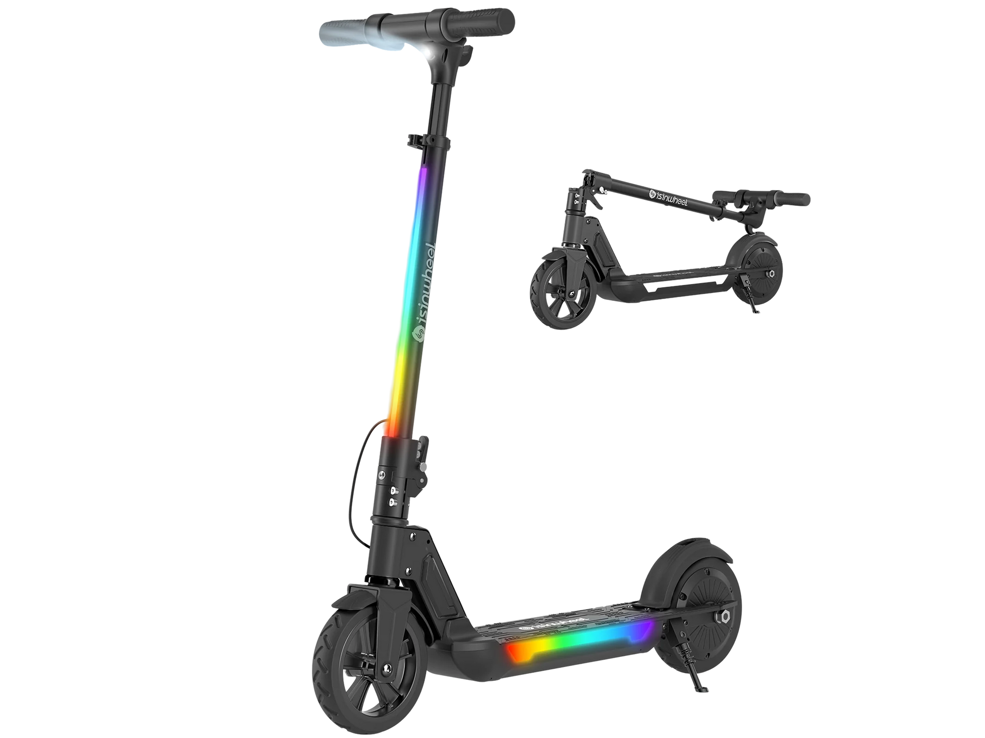 Black iSinwheel S2 kids electric scooter with rainbow deck and stem lighting