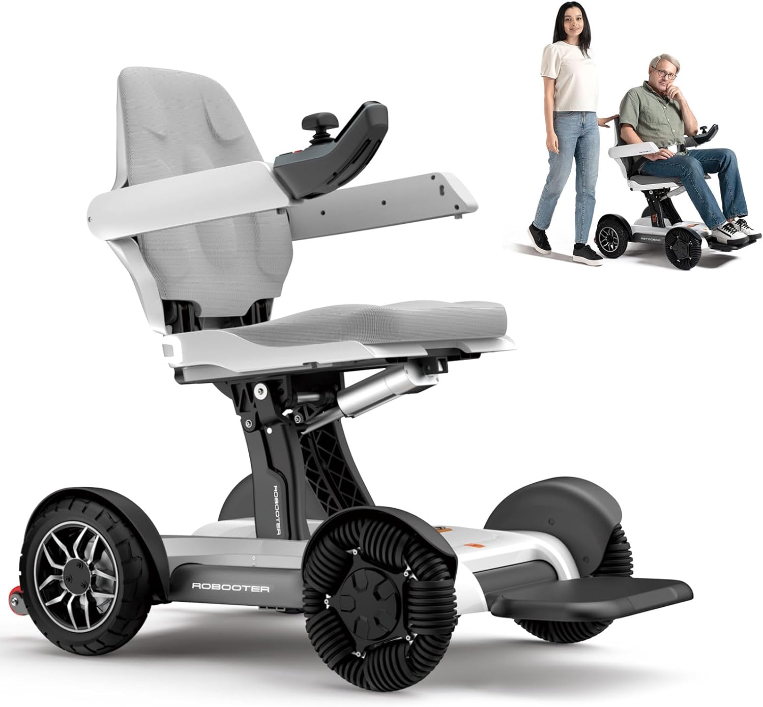 ROBOOTER X40 white power chair with mecanum front wheels